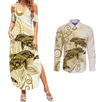Polynesia Dolphins Couples Matching Summer Maxi Dress and Long Sleeve Button Shirt Valentine Day Floral Polynesian - Vintage Brown LT14 Brown - Polynesian Pride