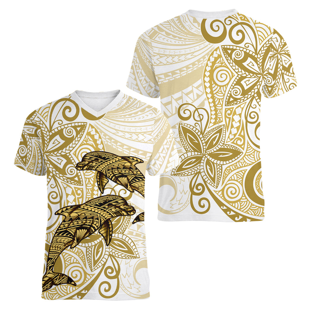 Polynesia Dolphins Women V Neck T Shirt Valentine Day Floral Polynesian - Vintage Brown LT14 - Polynesian Pride