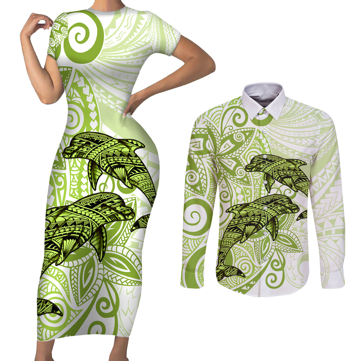 Polynesia Dolphins Couples Matching Short Sleeve Bodycon Dress and Long Sleeve Button Shirt Valentine Day Floral Polynesian - Vintage Lime Green LT14 Lime Green - Polynesian Pride