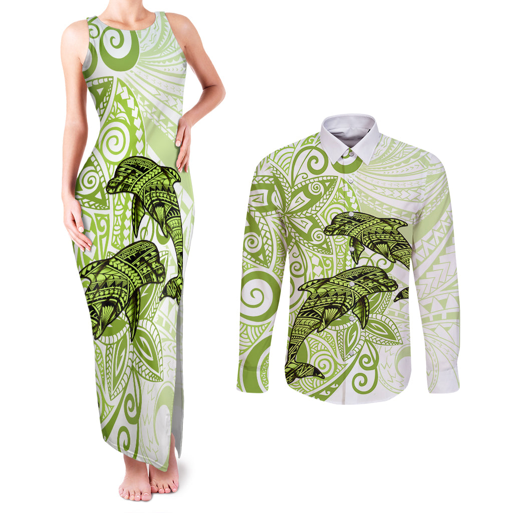 Polynesia Dolphins Couples Matching Tank Maxi Dress and Long Sleeve Button Shirt Valentine Day Floral Polynesian - Vintage Lime Green LT14 Lime Green - Polynesian Pride
