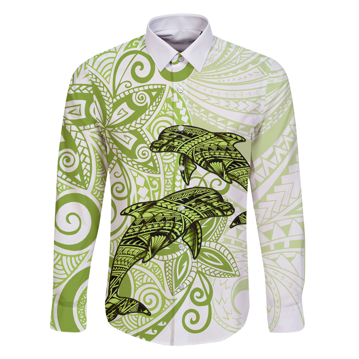 Polynesia Dolphins Family Matching Off Shoulder Long Sleeve Dress and Hawaiian Shirt Valentine Day Floral Polynesian - Vintage Lime Green LT14 Dad's Shirt - Long Sleeve Lime Green - Polynesian Pride