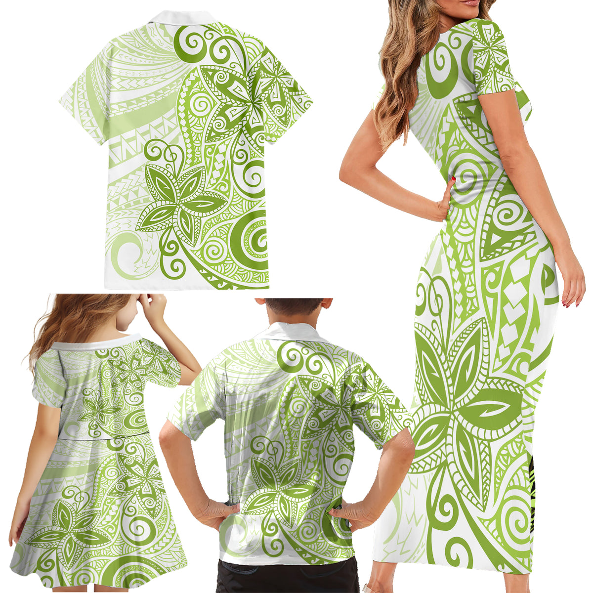 Polynesia Dolphins Family Matching Short Sleeve Bodycon Dress and Hawaiian Shirt Valentine Day Floral Polynesian - Vintage Lime Green LT14 - Polynesian Pride
