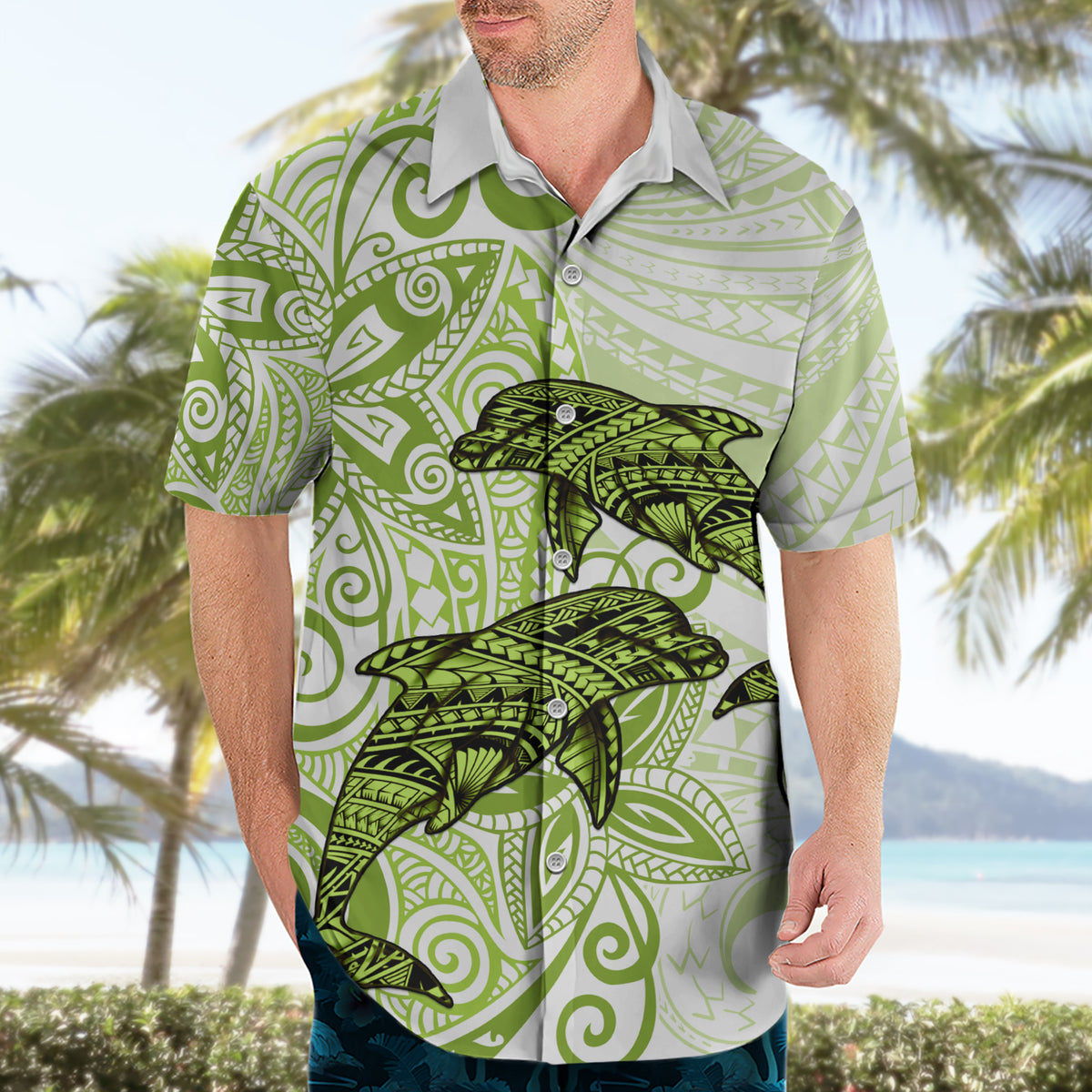 Polynesia Dolphins Hawaiian Shirt Valentine Day Floral Polynesian - Vintage Lime Green LT14 - Polynesian Pride