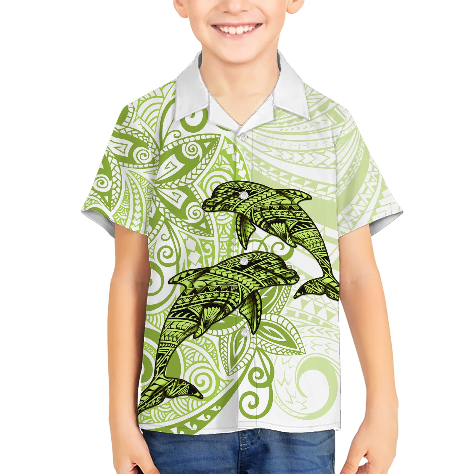 Polynesia Dolphins Kid Hawaiian Shirt Valentine Day Floral Polynesian - Vintage Lime Green LT14 Kid Lime Green - Polynesian Pride