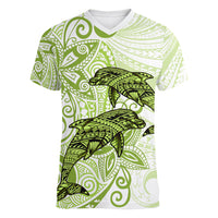 Polynesia Dolphins Women V Neck T Shirt Valentine Day Floral Polynesian - Vintage Lime Green LT14 Female Lime Green - Polynesian Pride