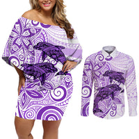 Polynesia Dolphins Couples Matching Off Shoulder Short Dress and Long Sleeve Button Shirt Valentine Day Floral Polynesian - Vintage Purple LT14 Purple - Polynesian Pride