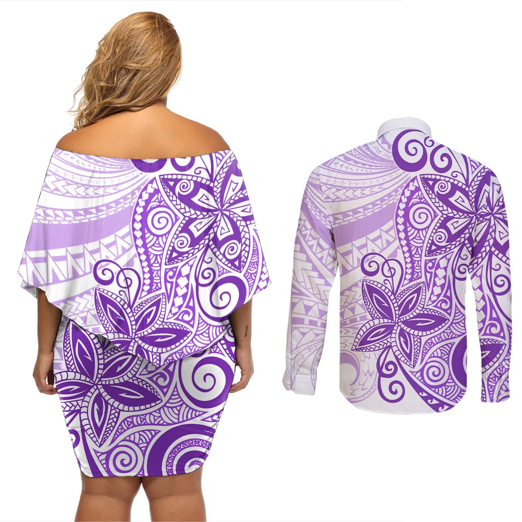 Polynesia Dolphins Couples Matching Off Shoulder Short Dress and Long Sleeve Button Shirt Valentine Day Floral Polynesian - Vintage Purple LT14 - Polynesian Pride