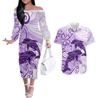 Polynesia Dolphins Couples Matching Off The Shoulder Long Sleeve Dress and Hawaiian Shirt Valentine Day Floral Polynesian - Vintage Purple LT14 Purple - Polynesian Pride