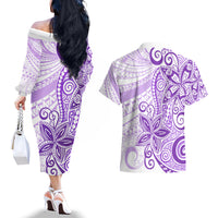 Polynesia Dolphins Couples Matching Off The Shoulder Long Sleeve Dress and Hawaiian Shirt Valentine Day Floral Polynesian - Vintage Purple LT14 - Polynesian Pride