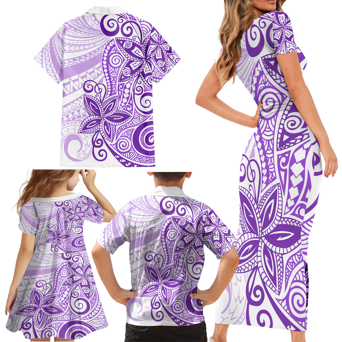Polynesia Dolphins Family Matching Short Sleeve Bodycon Dress and Hawaiian Shirt Valentine Day Floral Polynesian - Vintage Purple LT14 - Polynesian Pride