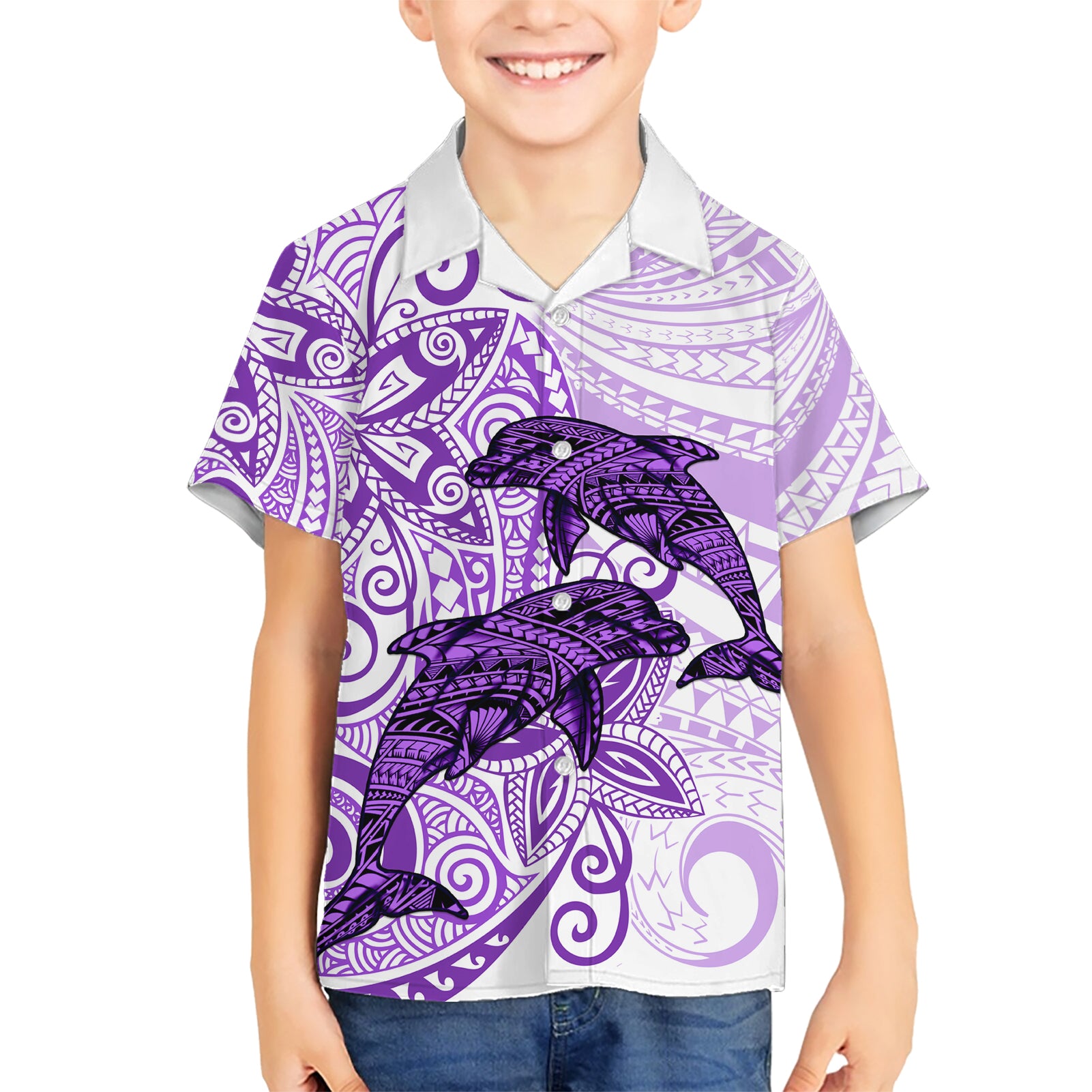 Polynesia Dolphins Kid Hawaiian Shirt Valentine Day Floral Polynesian - Vintage Purple LT14 Kid Purple - Polynesian Pride