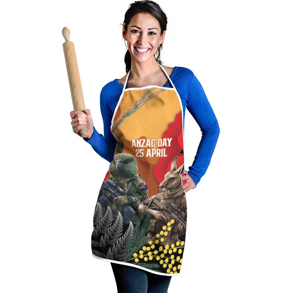 New Zealand and Australia ANZAC Day Apron Sliver Fern Kakapo With Golden Wattle Kangaroo - Polynesian Pride