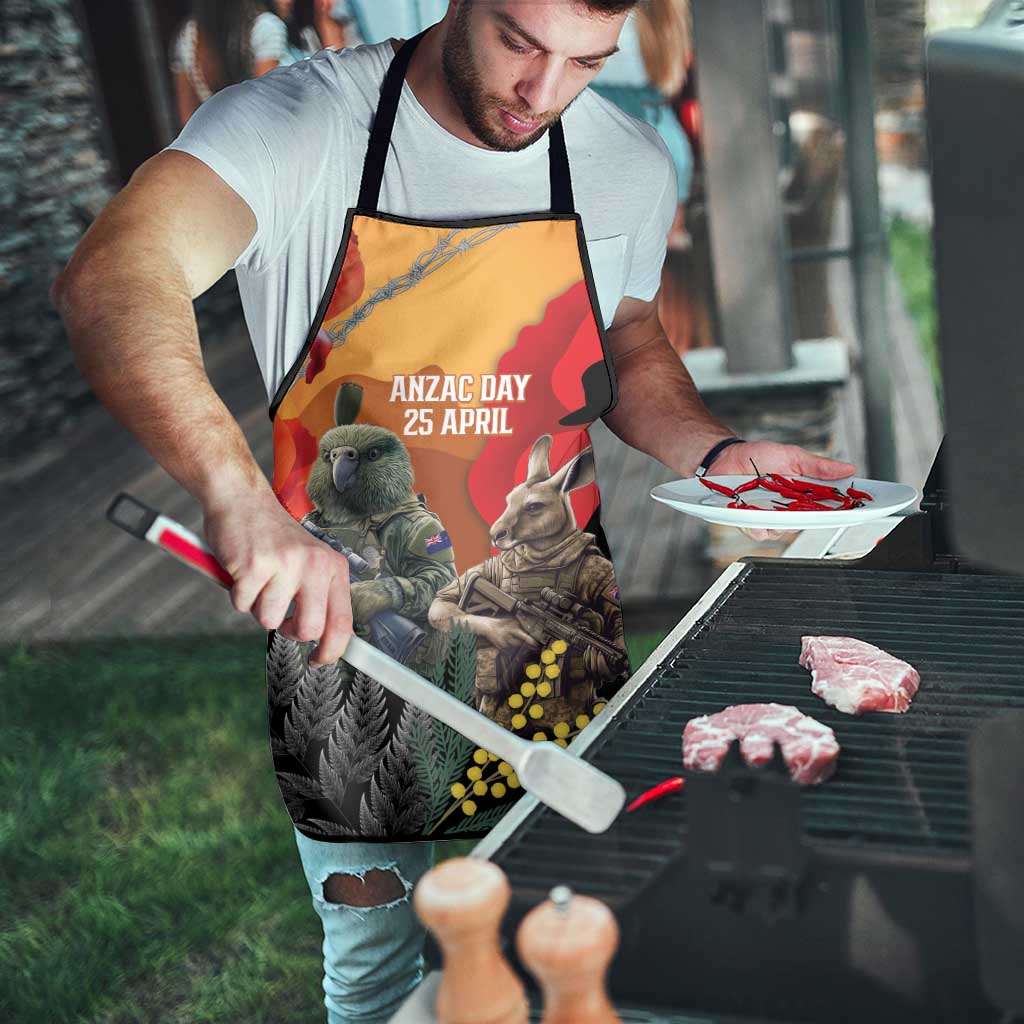 New Zealand and Australia ANZAC Day Apron Sliver Fern Kakapo With Golden Wattle Kangaroo - Polynesian Pride