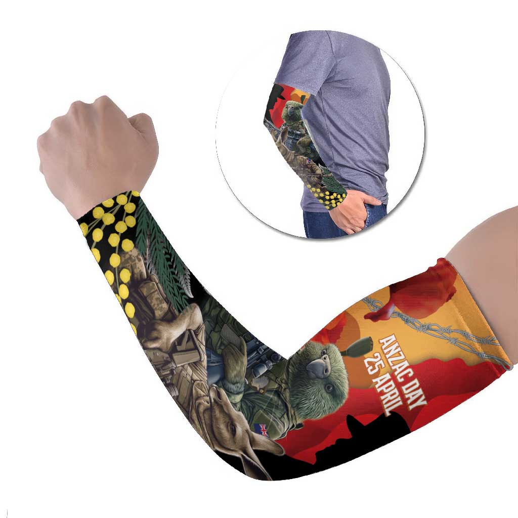 New Zealand and Australia ANZAC Day Arm Sleeves Sliver Fern Kakapo With Golden Wattle Kangaroo - Polynesian Pride