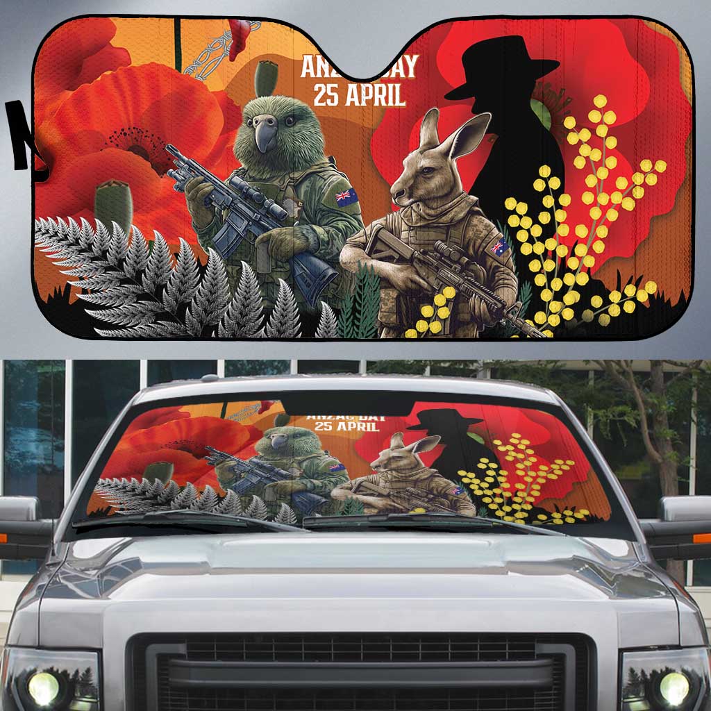 New Zealand and Australia ANZAC Day Auto Sun Shade Sliver Fern Kakapo With Golden Wattle Kangaroo - Polynesian Pride