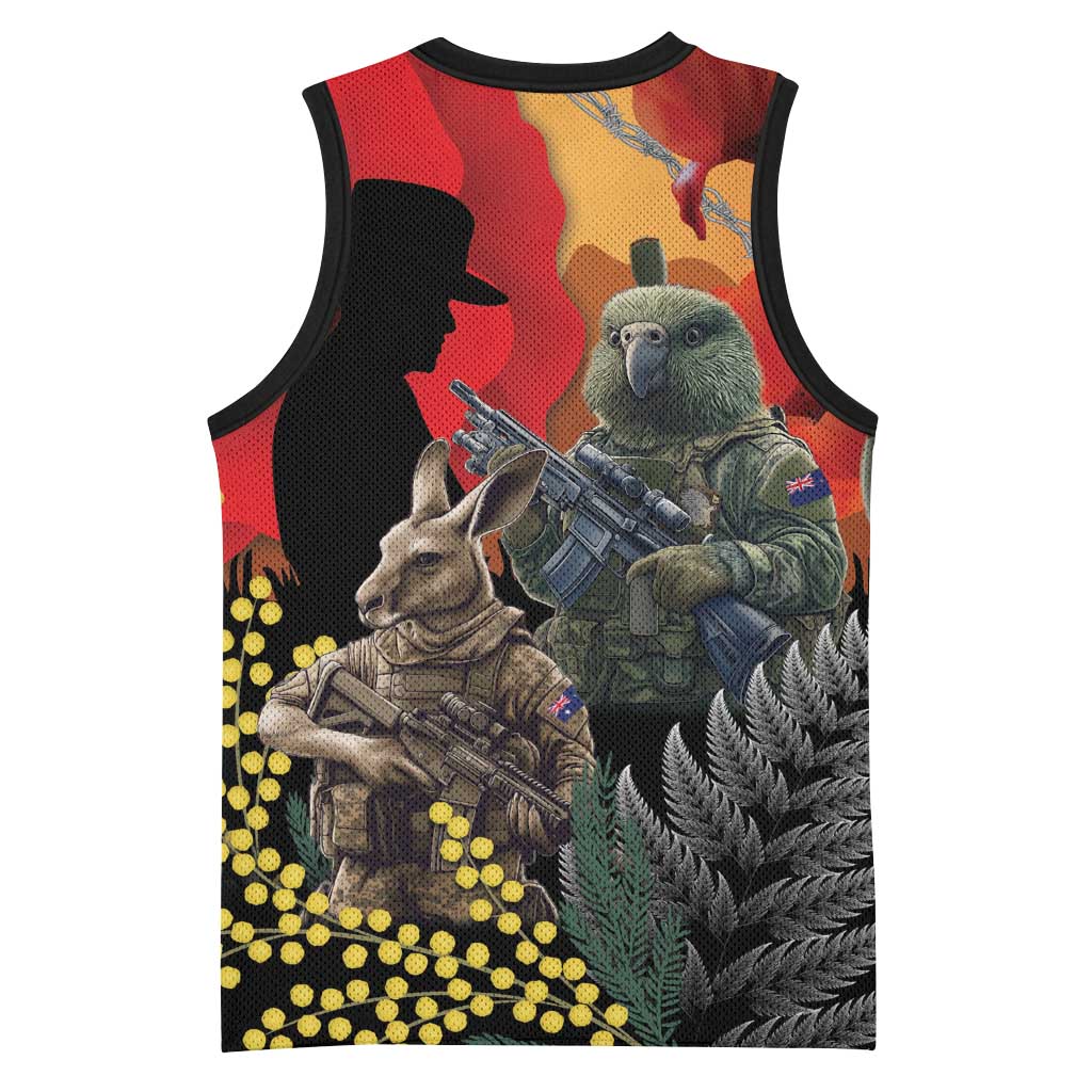New Zealand and Australia ANZAC Day Basketball Jersey Sliver Fern Kakapo With Golden Wattle Kangaroo - Polynesian Pride