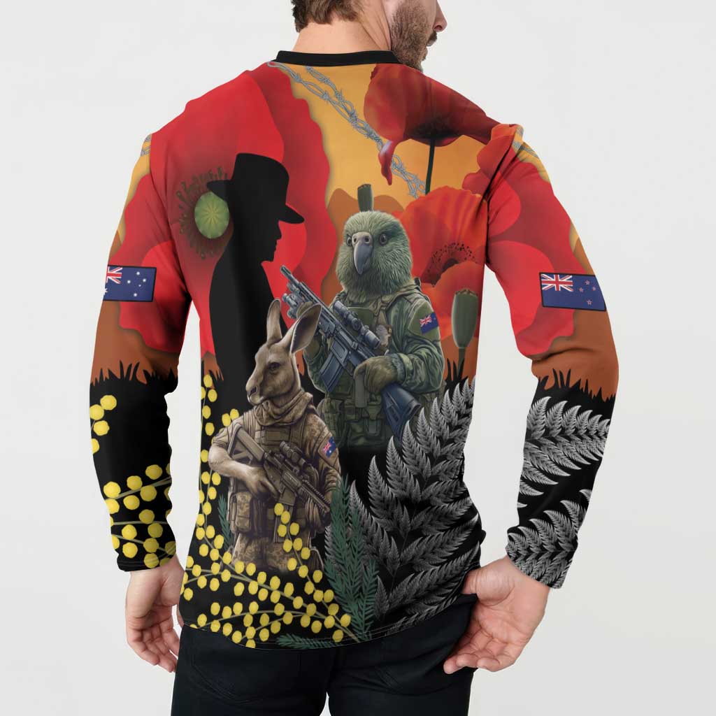 New Zealand and Australia ANZAC Day Button Sweatshirt Sliver Fern Kakapo With Golden Wattle Kangaroo