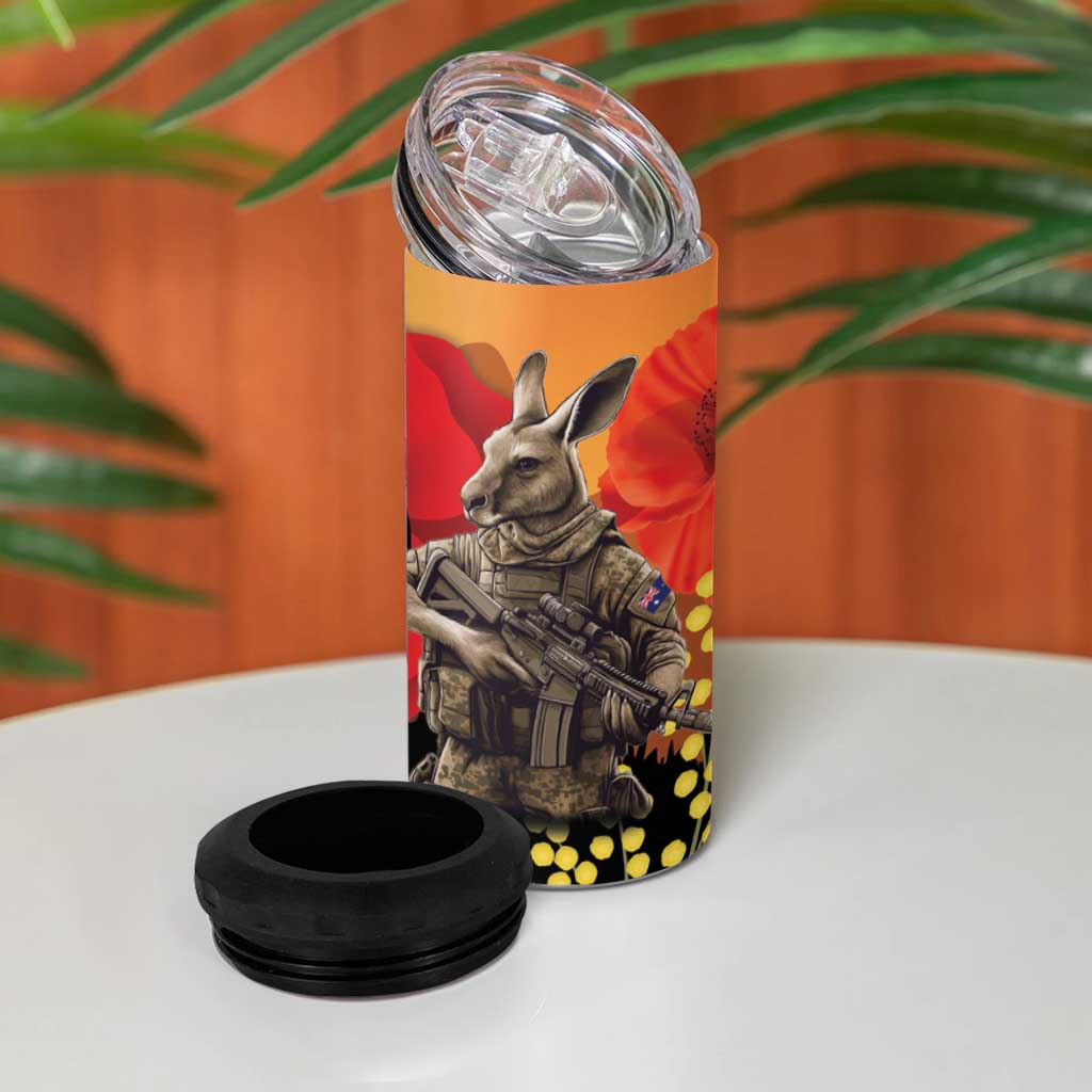 New Zealand and Australia ANZAC Day 4 in 1 Can Cooler Tumbler Sliver Fern Kakapo With Golden Wattle Kangaroo