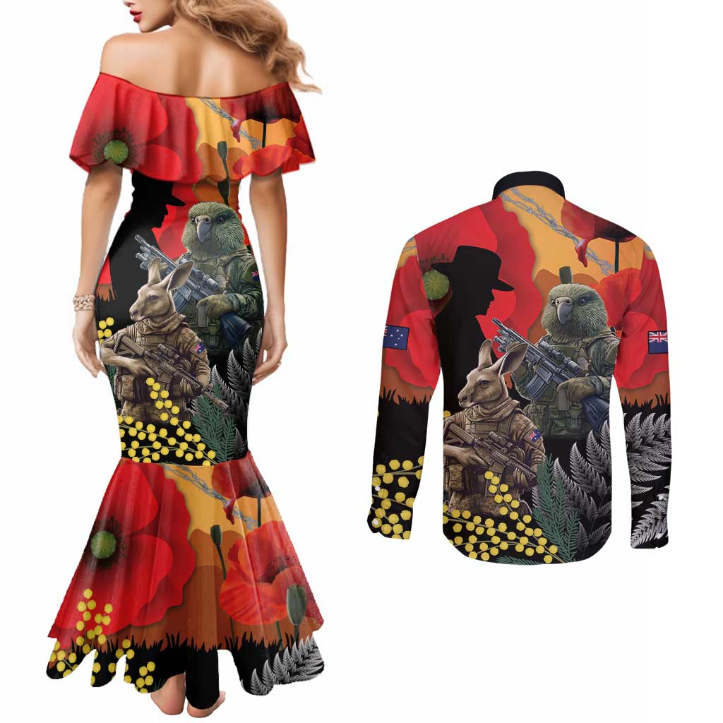 New Zealand and Australia ANZAC Day Couples Matching Mermaid Dress and Long Sleeve Button Shirt Sliver Fern Kakapo With Golden Wattle Kangaroo