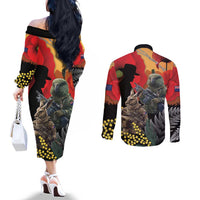 New Zealand and Australia ANZAC Day Couples Matching Off The Shoulder Long Sleeve Dress and Long Sleeve Button Shirt Sliver Fern Kakapo With Golden Wattle Kangaroo