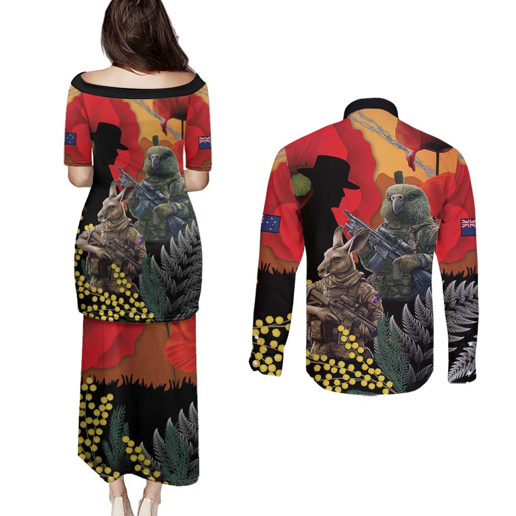New Zealand and Australia ANZAC Day Couples Matching Puletasi and Long Sleeve Button Shirt Sliver Fern Kakapo With Golden Wattle Kangaroo
