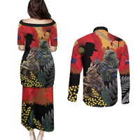 New Zealand and Australia ANZAC Day Couples Matching Puletasi and Long Sleeve Button Shirt Sliver Fern Kakapo With Golden Wattle Kangaroo