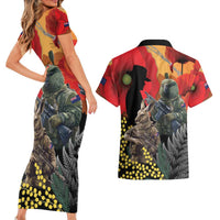 New Zealand and Australia ANZAC Day Couples Matching Short Sleeve Bodycon Dress and Hawaiian Shirt Sliver Fern Kakapo With Golden Wattle Kangaroo