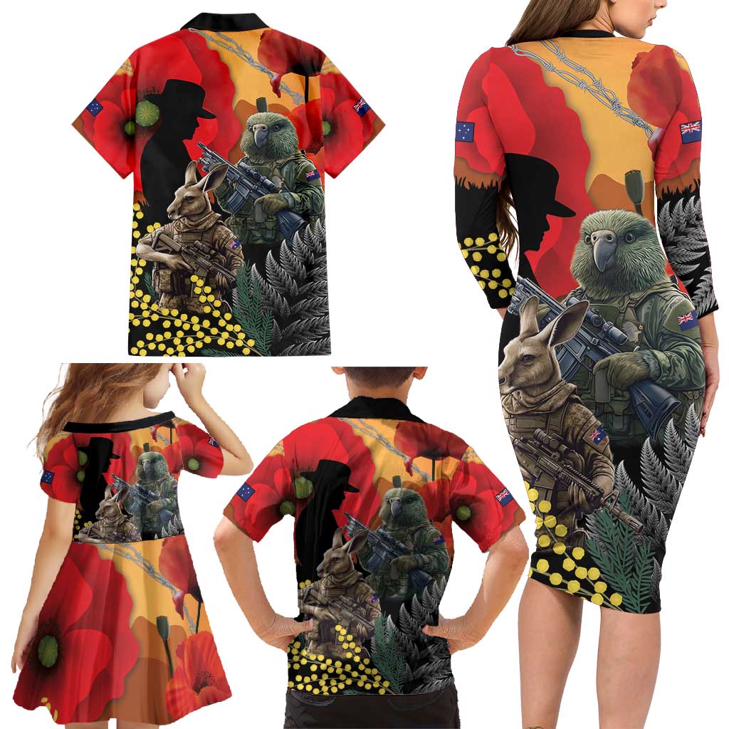 New Zealand and Australia ANZAC Day Family Matching Long Sleeve Bodycon Dress and Hawaiian Shirt Sliver Fern Kakapo With Golden Wattle Kangaroo