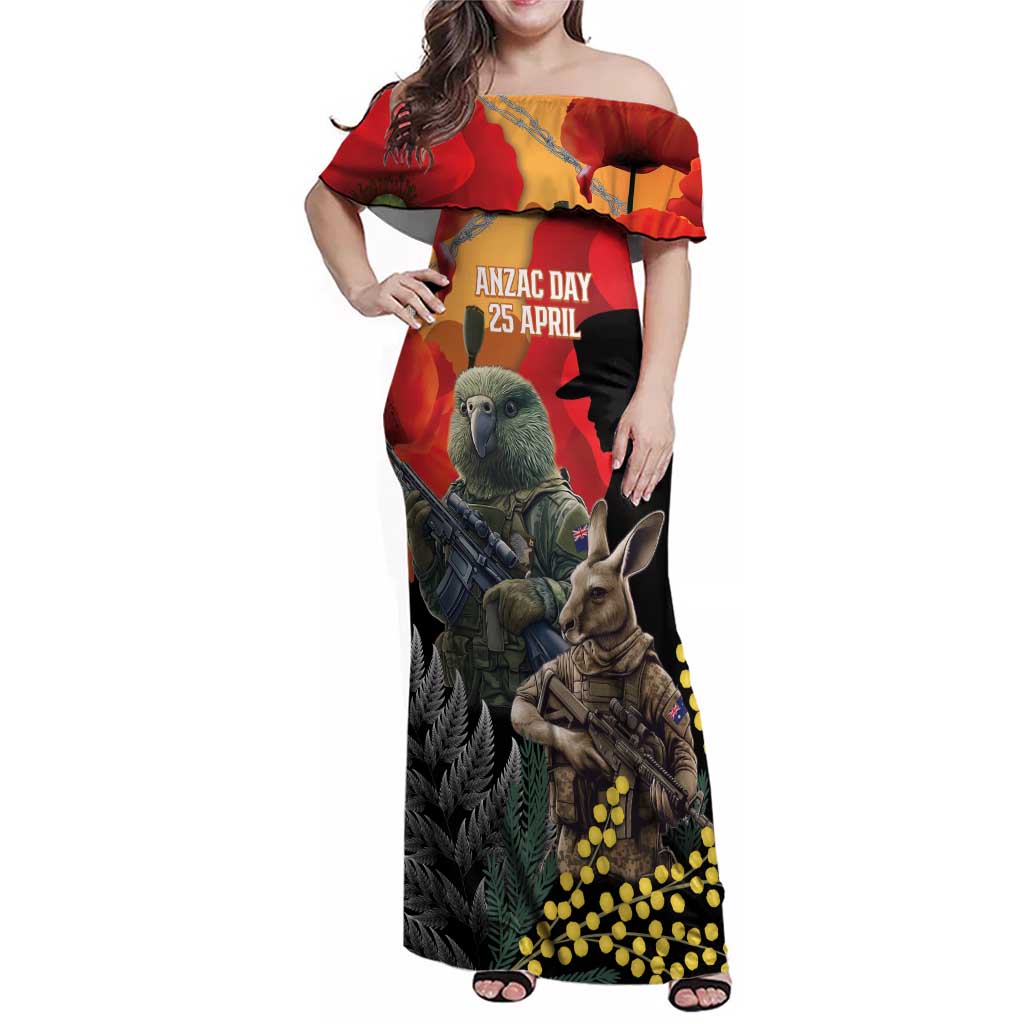 New Zealand and Australia ANZAC Day Family Matching Off Shoulder Maxi Dress and Hawaiian Shirt Sliver Fern Kakapo With Golden Wattle Kangaroo