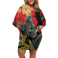 New Zealand and Australia ANZAC Day Family Matching Off Shoulder Short Dress and Hawaiian Shirt Sliver Fern Kakapo With Golden Wattle Kangaroo
