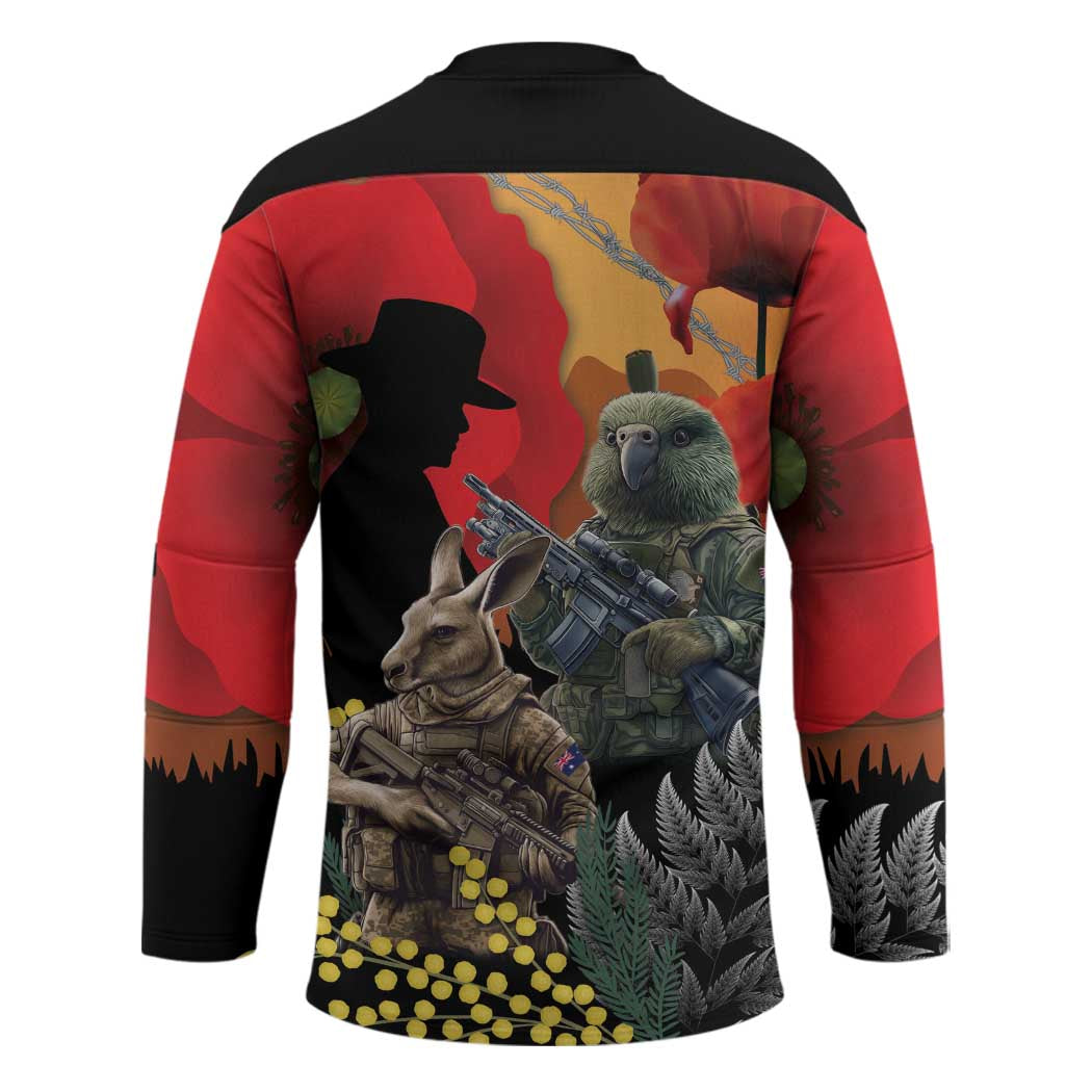 New Zealand and Australia ANZAC Day Hockey Jersey Sliver Fern Kakapo With Golden Wattle Kangaroo - Polynesian Pride