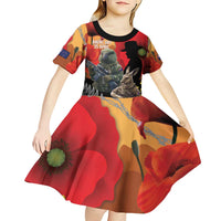 New Zealand and Australia ANZAC Day Kid Short Sleeve Dress Sliver Fern Kakapo With Golden Wattle Kangaroo