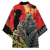 New Zealand and Australia ANZAC Day Kimono Sliver Fern Kakapo With Golden Wattle Kangaroo - Polynesian Pride