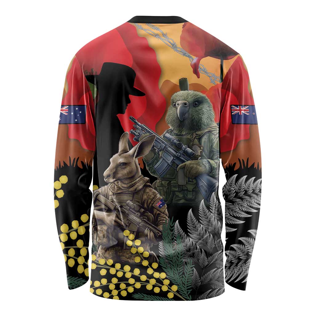 New Zealand and Australia ANZAC Day Long Sleeve Shirt Sliver Fern Kakapo With Golden Wattle Kangaroo