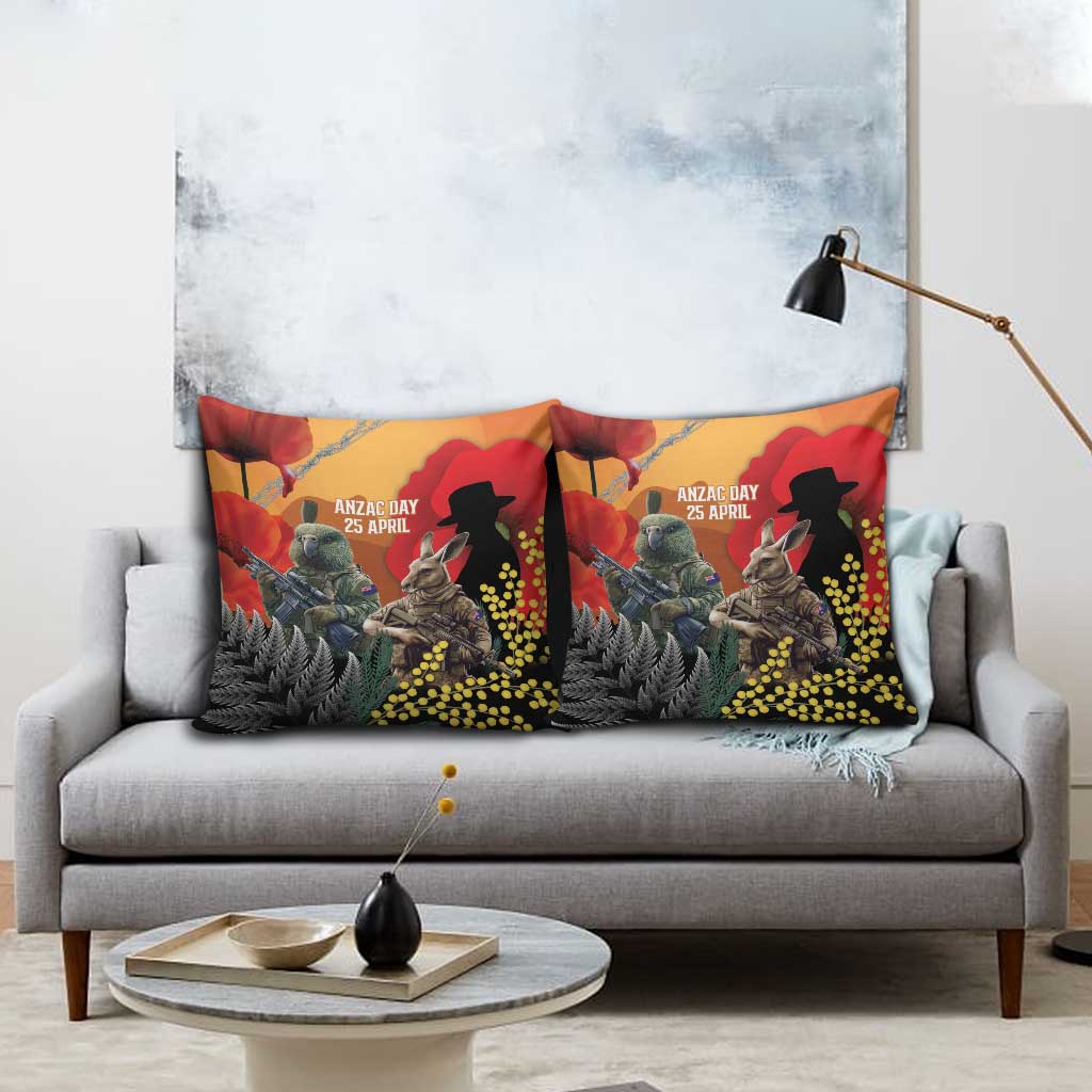 New Zealand and Australia ANZAC Day Pillow Cover Sliver Fern Kakapo With Golden Wattle Kangaroo - Polynesian Pride