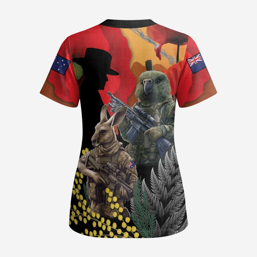 New Zealand and Australia ANZAC Day Scrub Top Sliver Fern Kakapo With Golden Wattle Kangaroo - Polynesian Pride