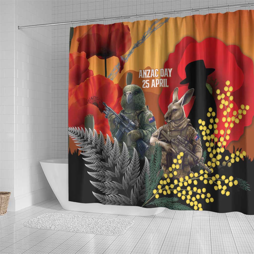 New Zealand and Australia ANZAC Day Shower Curtain Sliver Fern Kakapo With Golden Wattle Kangaroo