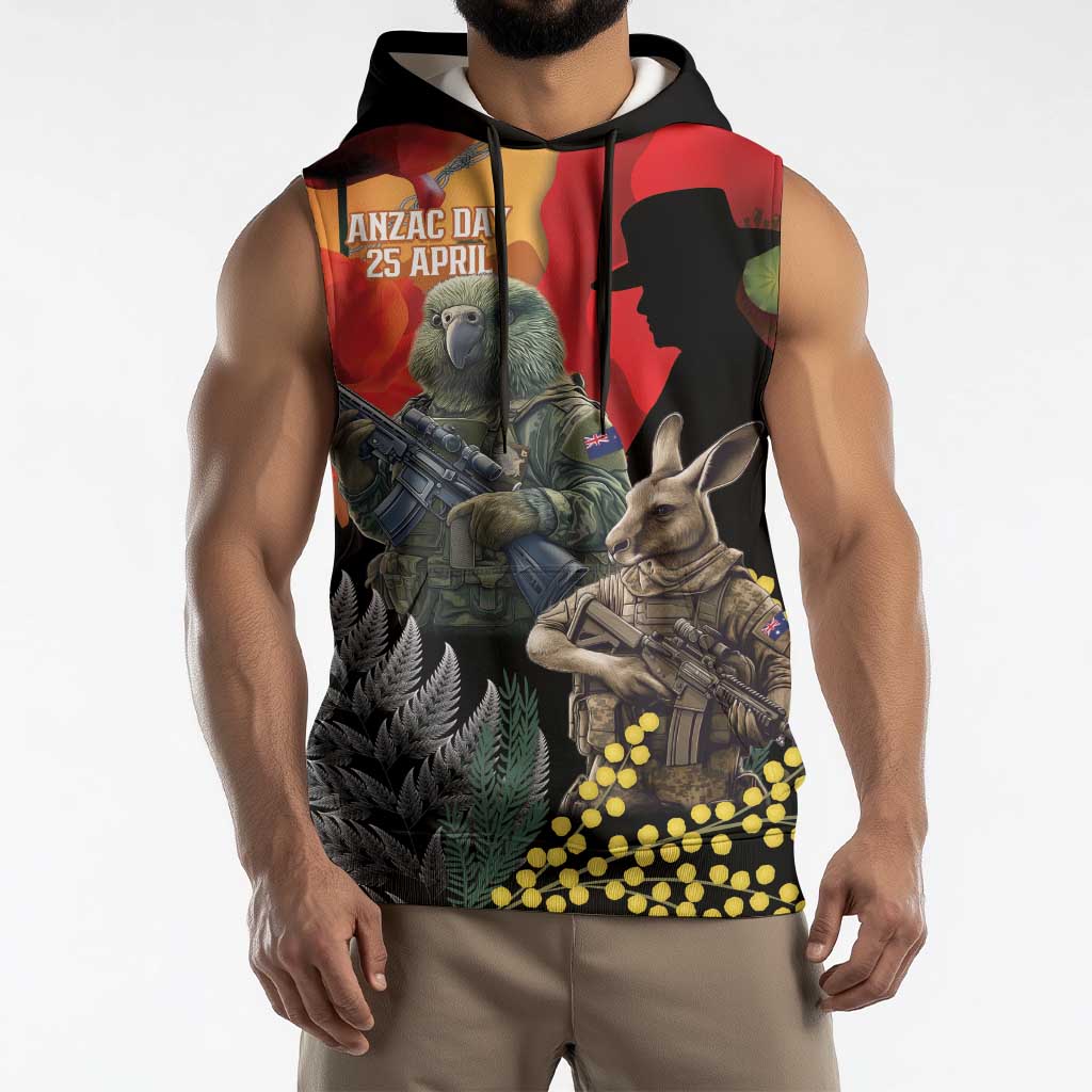 New Zealand and Australia ANZAC Day Sleeveless Hoodie Sliver Fern Kakapo With Golden Wattle Kangaroo - Polynesian Pride