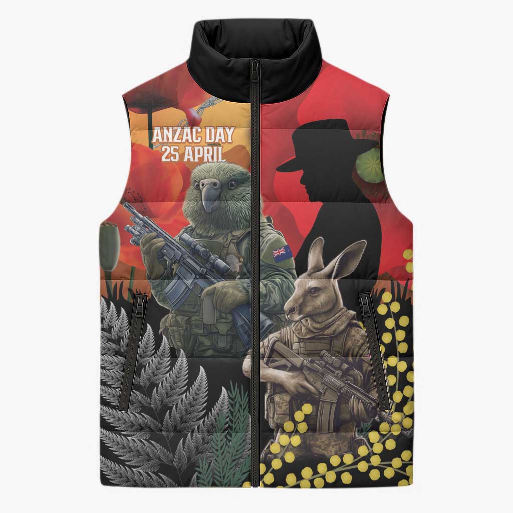 New Zealand and Australia ANZAC Day Sleeveless Puffer Jacket Sliver Fern Kakapo With Golden Wattle Kangaroo - Polynesian Pride