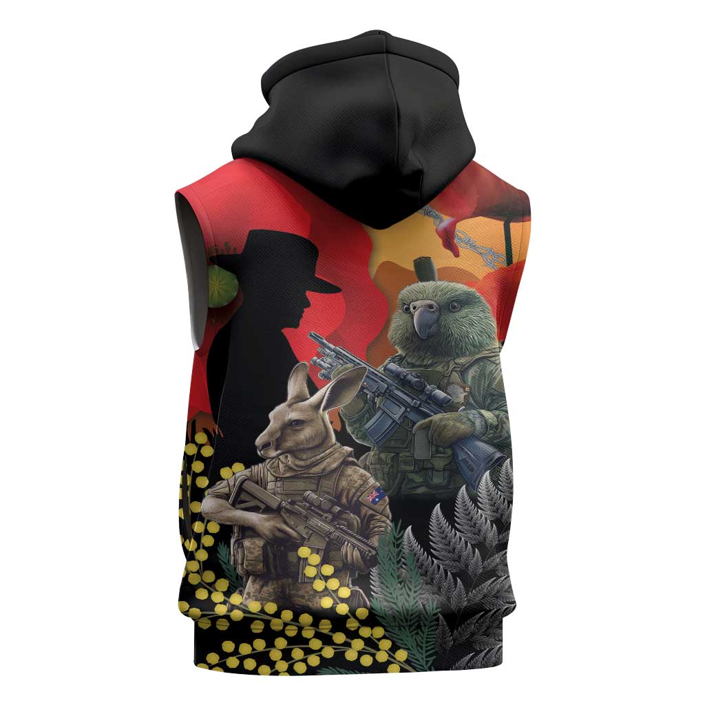 New Zealand and Australia ANZAC Day Sleeveless Zip Hoodie Sliver Fern Kakapo With Golden Wattle Kangaroo - Polynesian Pride