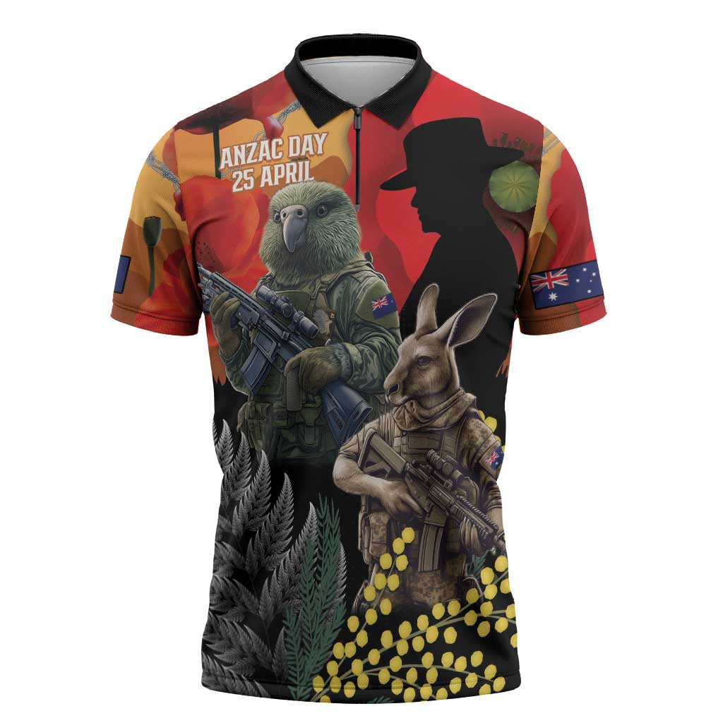 New Zealand and Australia ANZAC Day Zipper Polo Shirt Sliver Fern Kakapo With Golden Wattle Kangaroo - Polynesian Pride