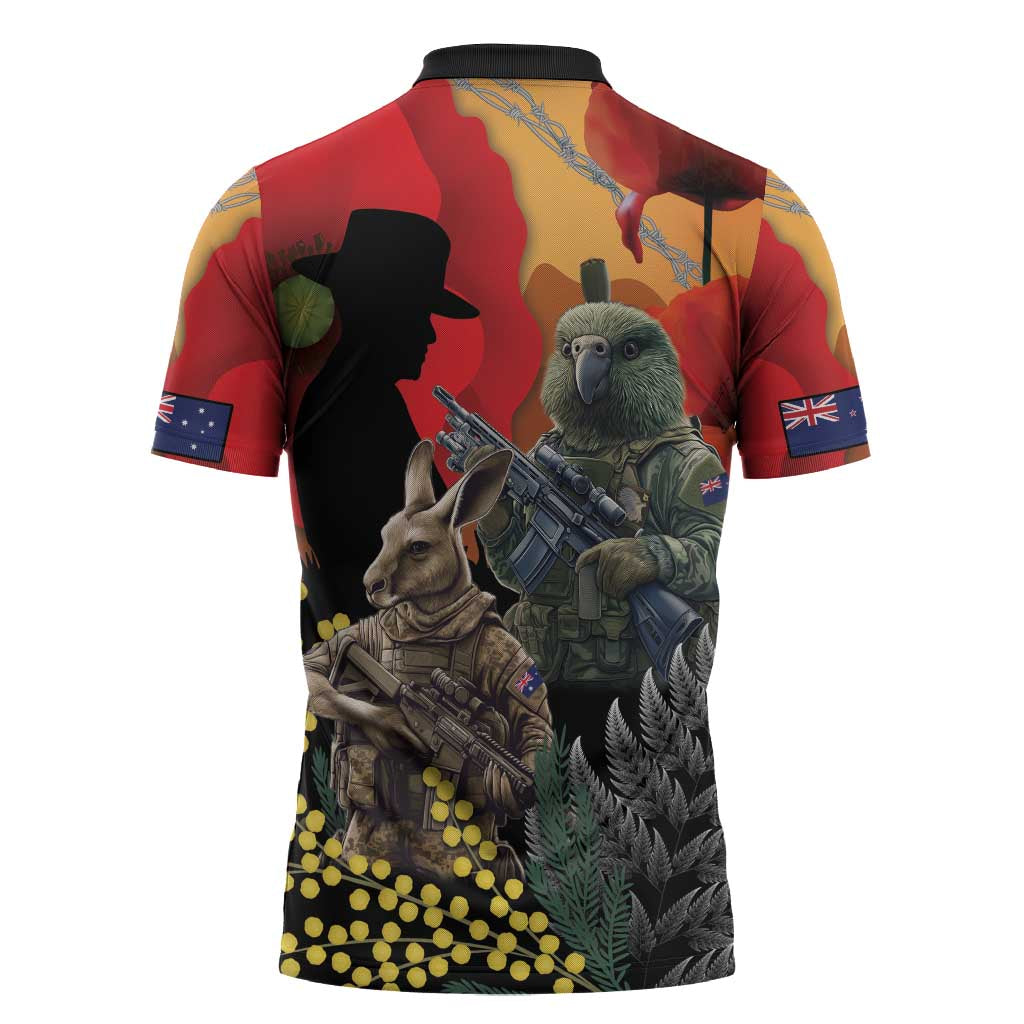 New Zealand and Australia ANZAC Day Zipper Polo Shirt Sliver Fern Kakapo With Golden Wattle Kangaroo - Polynesian Pride