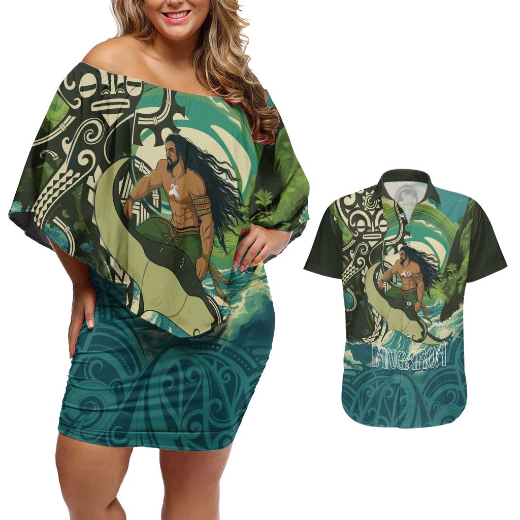 Aotearoa Tangaroa Atua Couples Matching Off Shoulder Short Dress and Hawaiian Shirt New Zealand God Of The Ocean