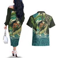Aotearoa Tangaroa Atua Couples Matching Off The Shoulder Long Sleeve Dress and Hawaiian Shirt New Zealand God Of The Ocean