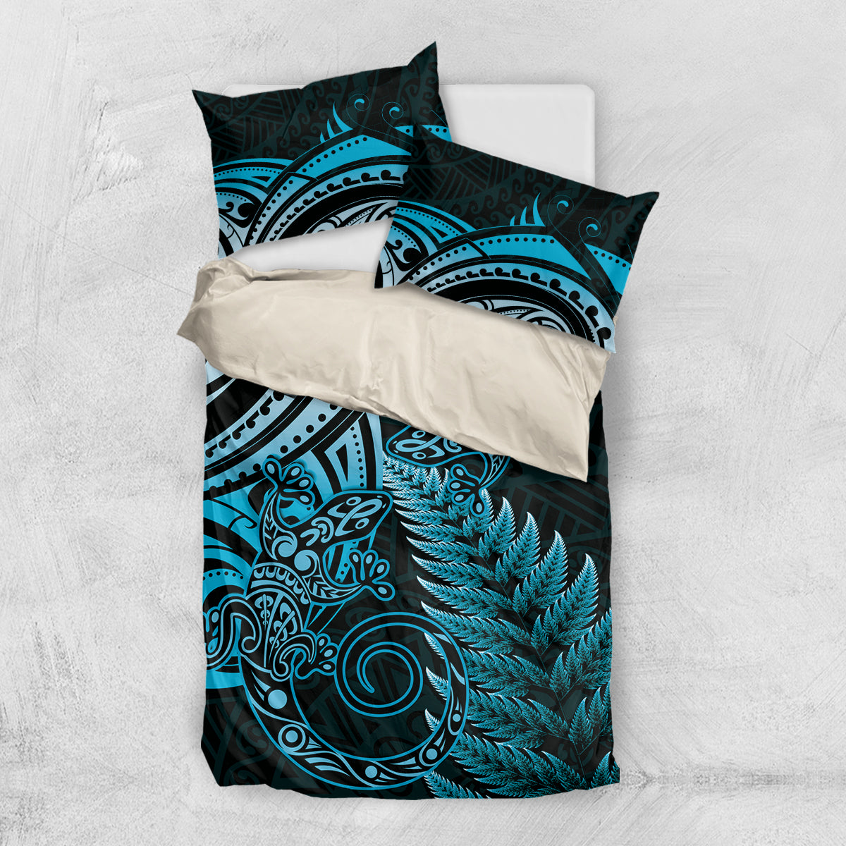 New Zealand Lizard Bedding Set Silver Fern Aotearoa Maori Blue Version