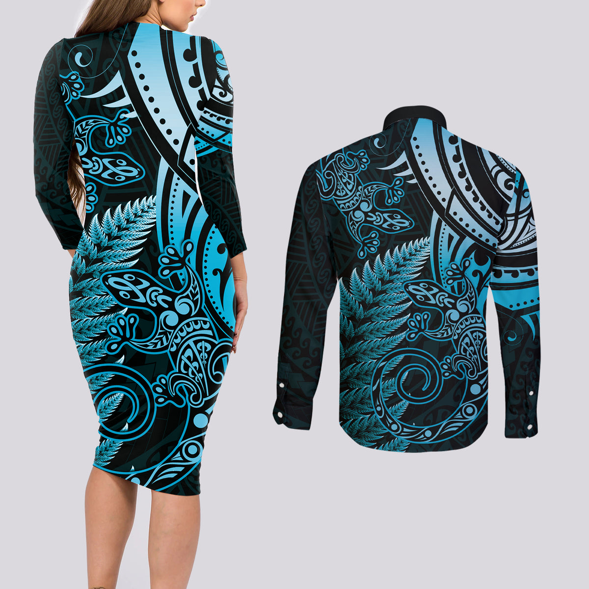 New Zealand Lizard Couples Matching Long Sleeve Bodycon Dress and Long Sleeve Button Shirt Silver Fern Aotearoa Maori Blue Version