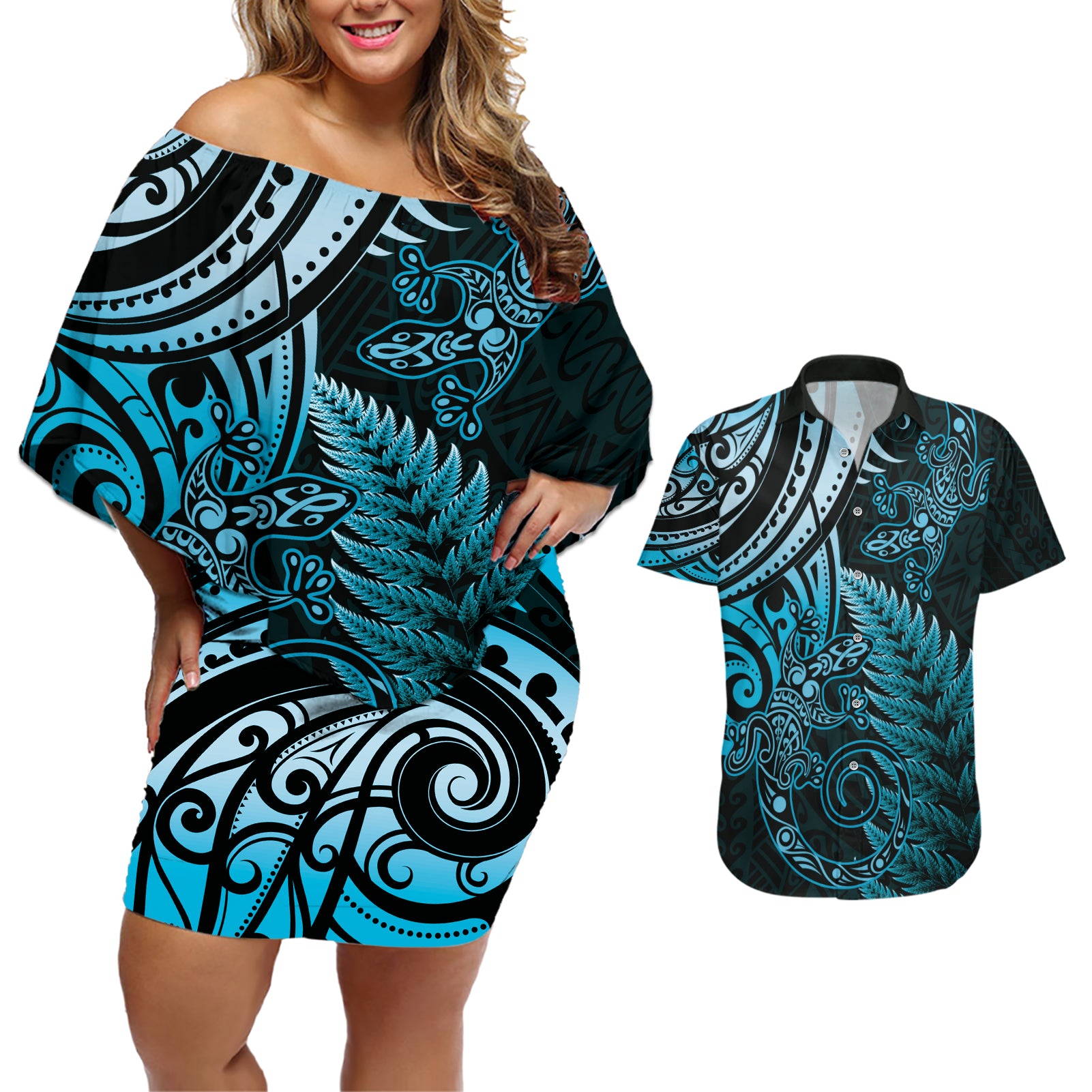New Zealand Lizard Couples Matching Off Shoulder Short Dress and Hawaiian Shirt Silver Fern Aotearoa Maori Blue Version