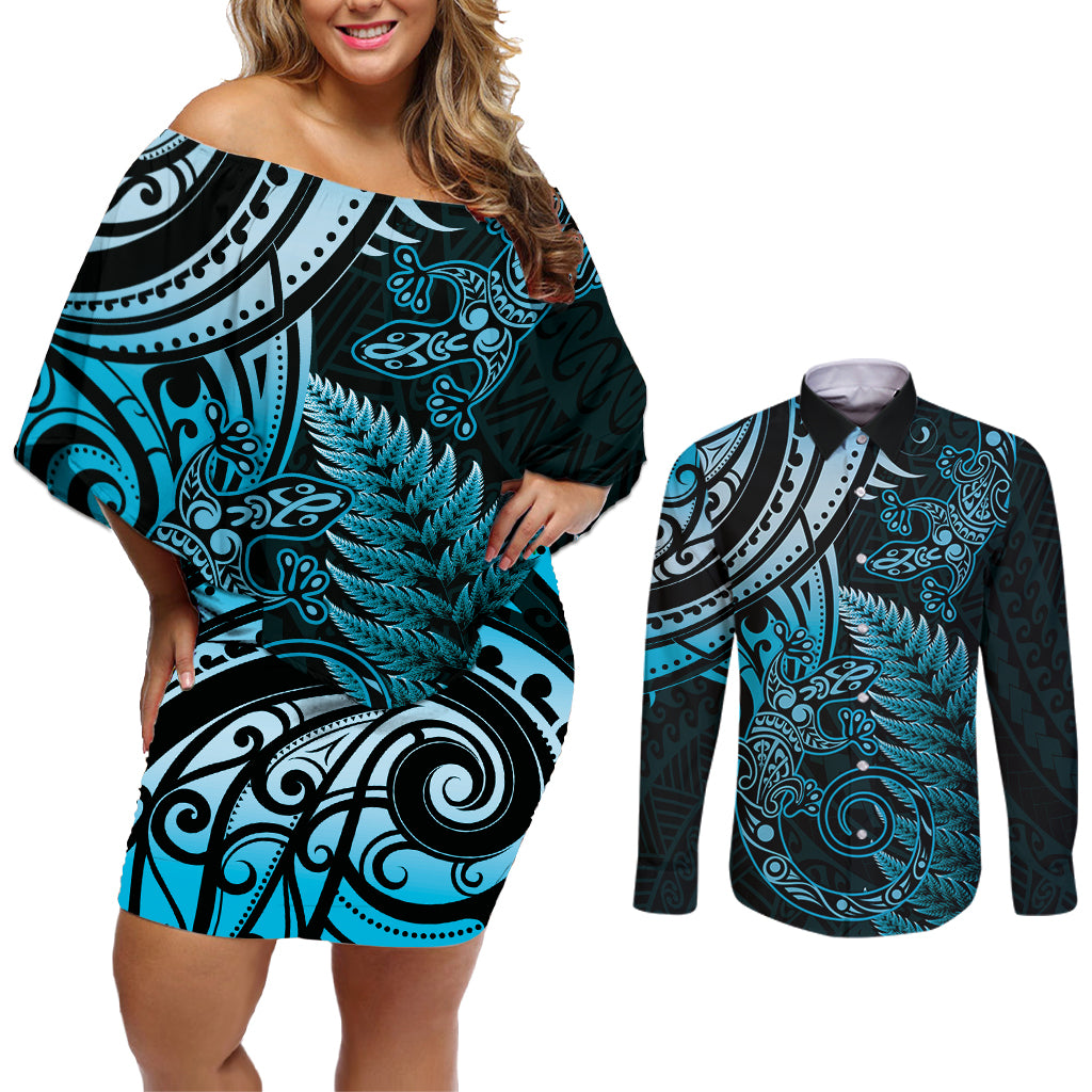 New Zealand Lizard Couples Matching Off Shoulder Short Dress and Long Sleeve Button Shirt Silver Fern Aotearoa Maori Blue Version