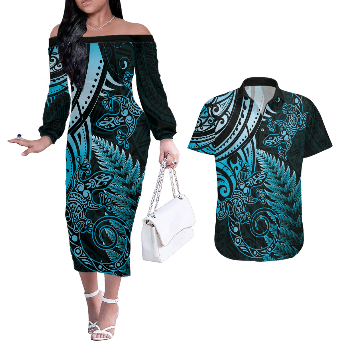 New Zealand Lizard Couples Matching Off The Shoulder Long Sleeve Dress and Hawaiian Shirt Silver Fern Aotearoa Maori Blue Version
