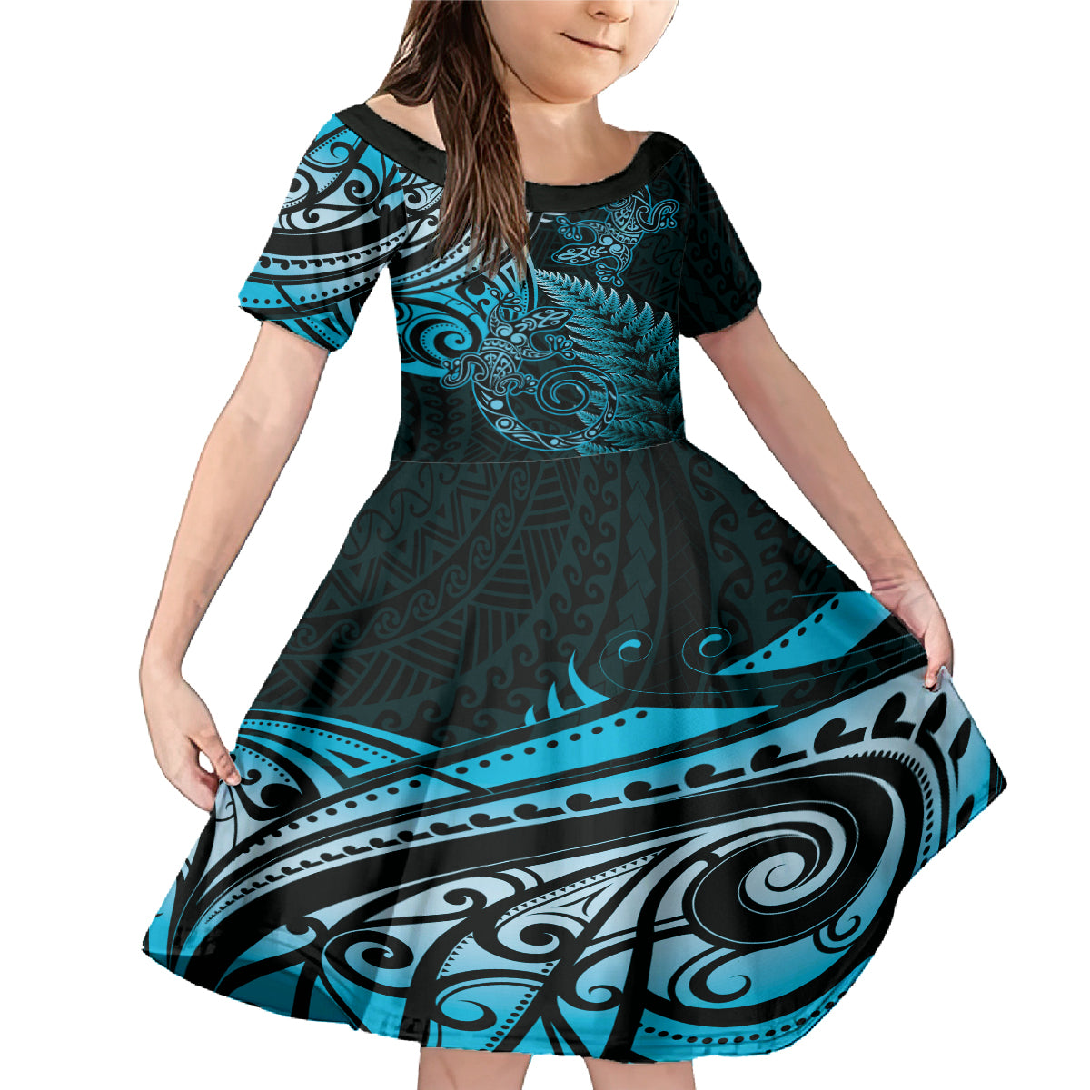 New Zealand Lizard Family Matching Mermaid Dress and Hawaiian Shirt Silver Fern Aotearoa Maori Blue Version